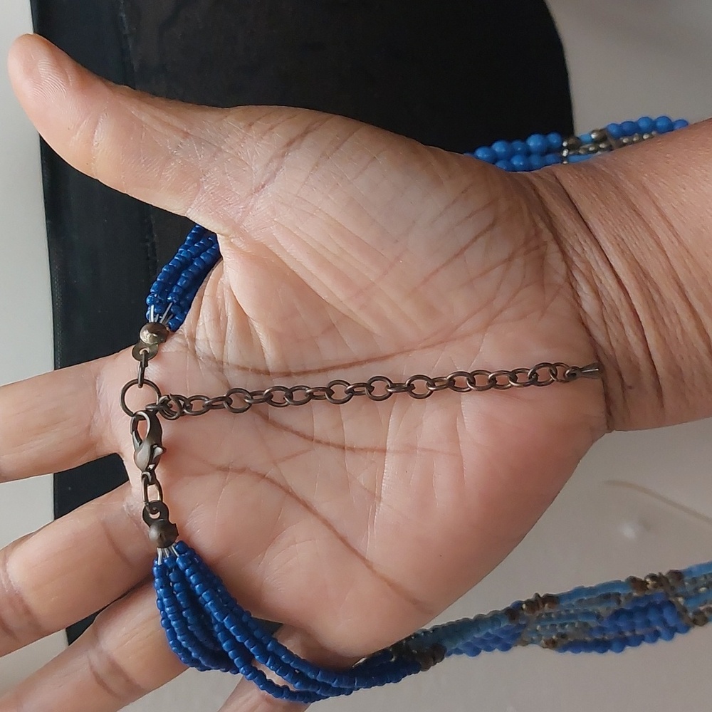 Boho Tribal Tri Tone Blue Gold Tone Seed Bead Statement Necklace - Picture 5 of 5